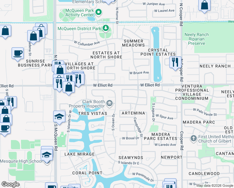 map of restaurants, bars, coffee shops, grocery stores, and more near 1202 West Seascape Court in Gilbert