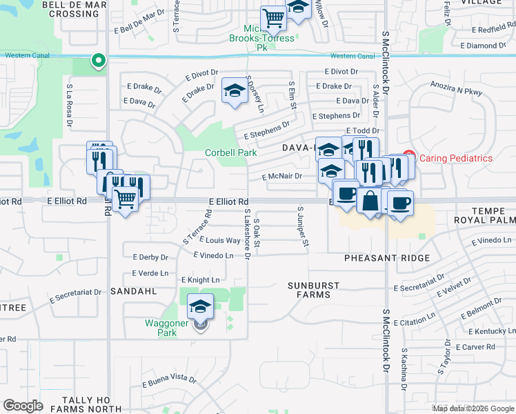 map of restaurants, bars, coffee shops, grocery stores, and more near 1302 East Elliot Road in Tempe