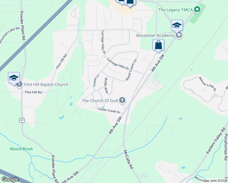 map of restaurants, bars, coffee shops, grocery stores, and more near 5419 Bluebell Circle in Bessemer
