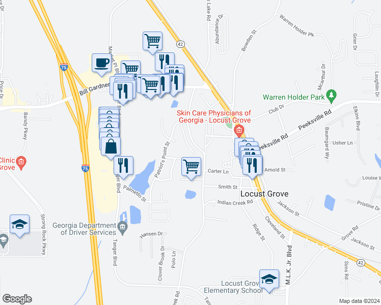 map of restaurants, bars, coffee shops, grocery stores, and more near 168 Colony Park Lane in Locust Grove