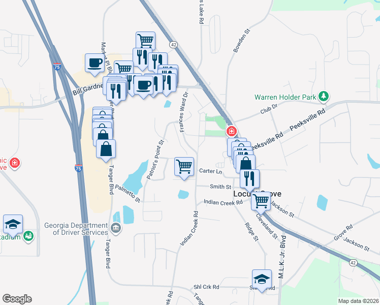 map of restaurants, bars, coffee shops, grocery stores, and more near 177 Colony Park Lane in Locust Grove