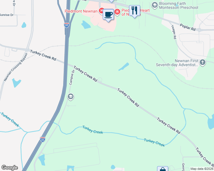 map of restaurants, bars, coffee shops, grocery stores, and more near 957 Turkey Creek Road in Newnan