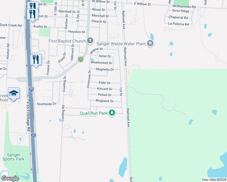 map of restaurants, bars, coffee shops, grocery stores, and more near 106 Eider Drive in Sanger