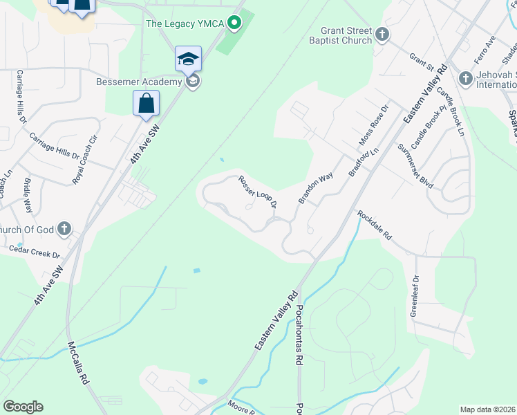 map of restaurants, bars, coffee shops, grocery stores, and more near 5542 Rosser Trail in Bessemer