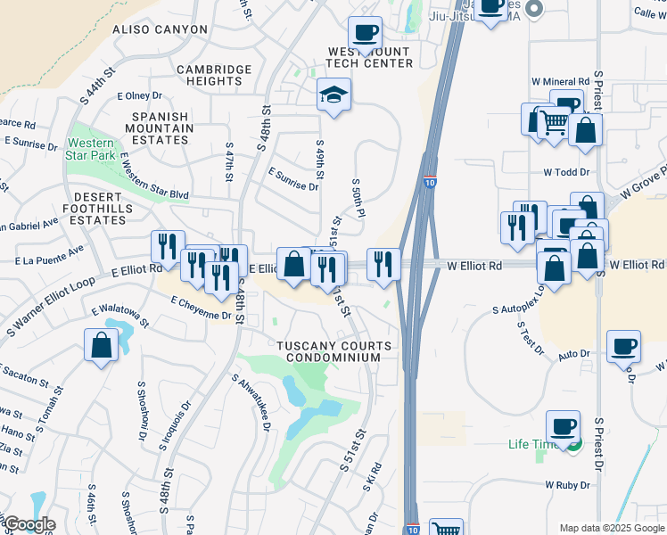 map of restaurants, bars, coffee shops, grocery stores, and more near S 51st St & E Elliot Rd in Phoenix