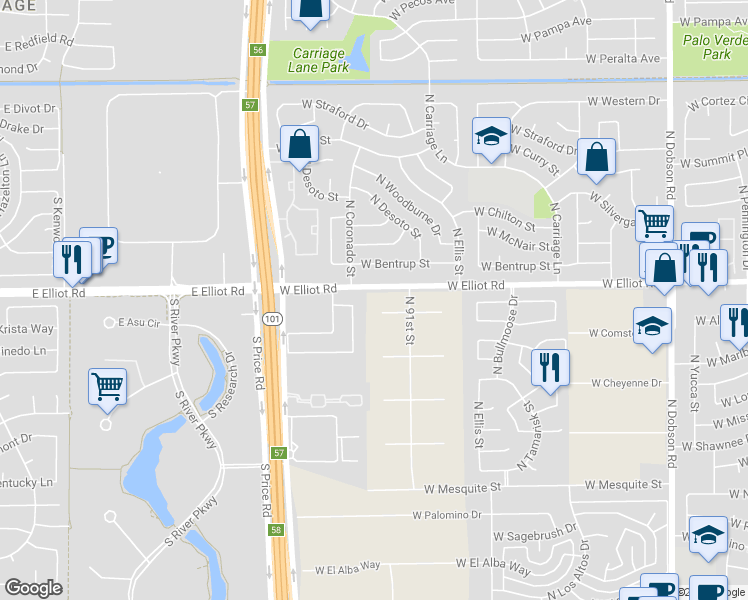 map of restaurants, bars, coffee shops, grocery stores, and more near 2632 West Gregg Drive in Chandler