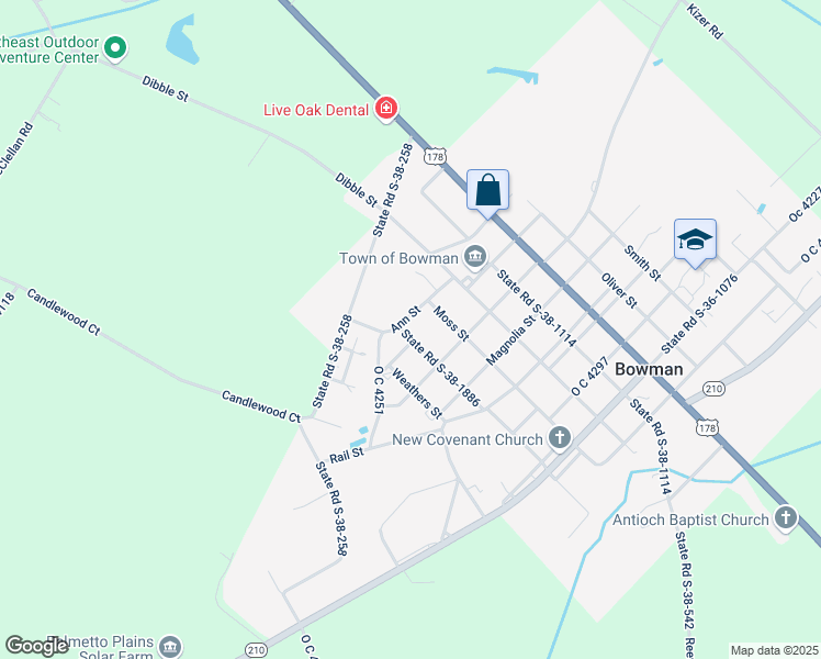 map of restaurants, bars, coffee shops, grocery stores, and more near 161 Laura Street in Bowman