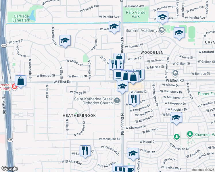 map of restaurants, bars, coffee shops, grocery stores, and more near 2103 West Elliot Road in Chandler