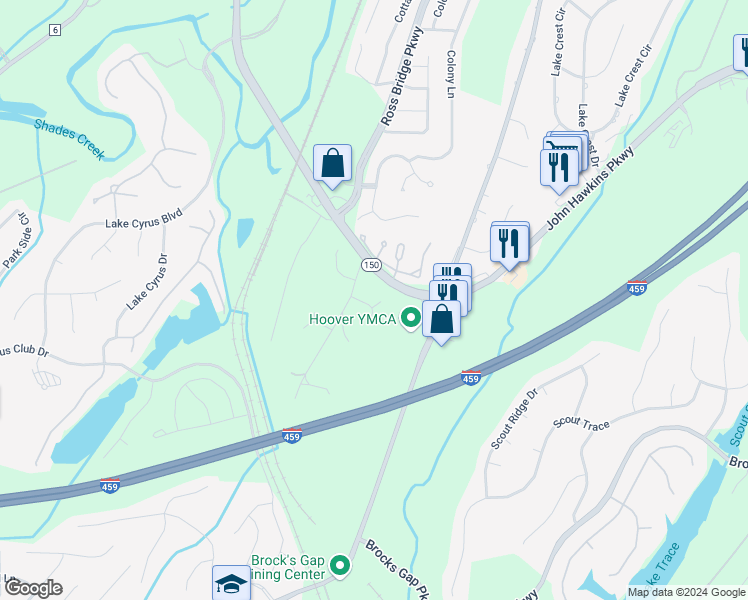 map of restaurants, bars, coffee shops, grocery stores, and more near 208 Squire Circle in Hoover