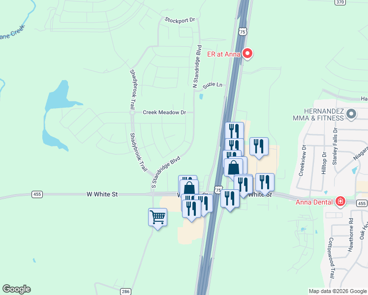 map of restaurants, bars, coffee shops, grocery stores, and more near Spring Valley Way in Anna