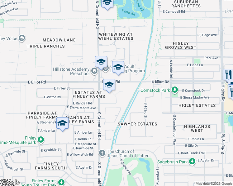 map of restaurants, bars, coffee shops, grocery stores, and more near 16091 East Elliot Road in Gilbert