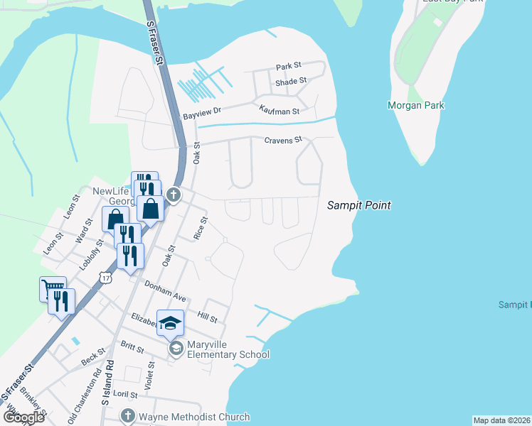 map of restaurants, bars, coffee shops, grocery stores, and more near 225 Martin Street in Georgetown