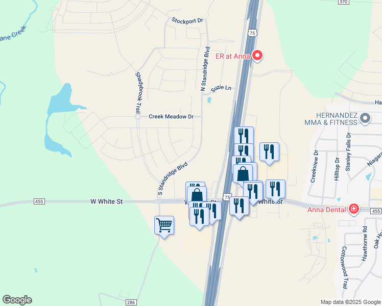 map of restaurants, bars, coffee shops, grocery stores, and more near Spring Valley Way in Anna