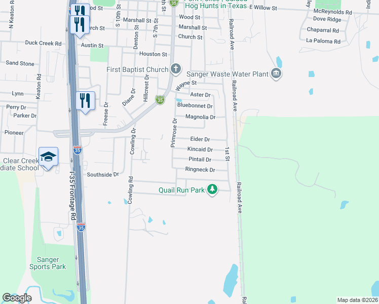 map of restaurants, bars, coffee shops, grocery stores, and more near 137 Kincaid Drive in Sanger