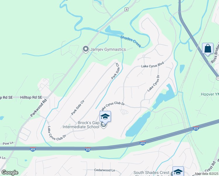 map of restaurants, bars, coffee shops, grocery stores, and more near 5444 Park Side Circle in Birmingham