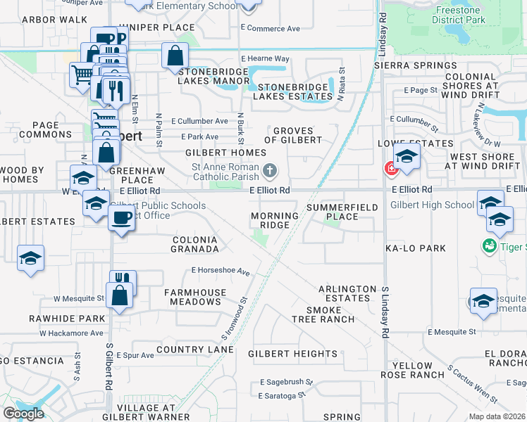 map of restaurants, bars, coffee shops, grocery stores, and more near 437 East Century Avenue in Gilbert