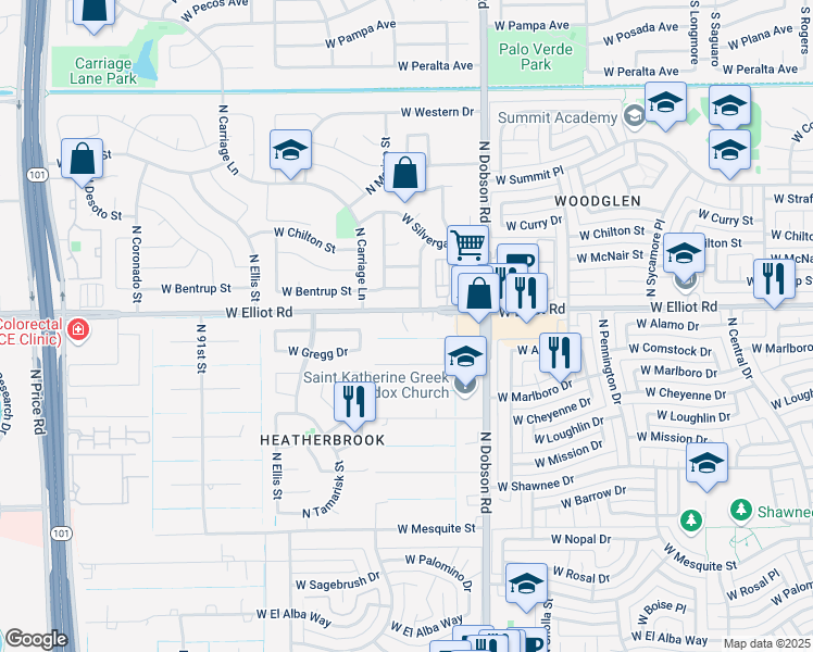 map of restaurants, bars, coffee shops, grocery stores, and more near 2103 West Elliot Road in Chandler