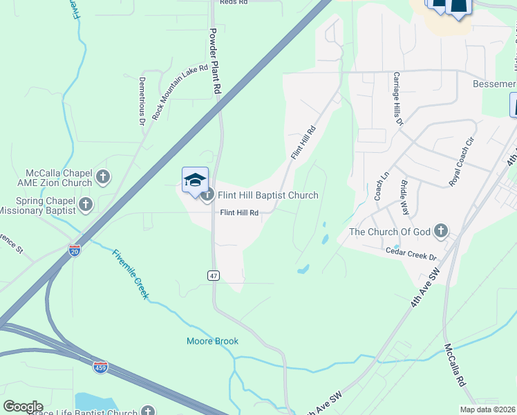 map of restaurants, bars, coffee shops, grocery stores, and more near 709 Flint Hill Road in Bessemer
