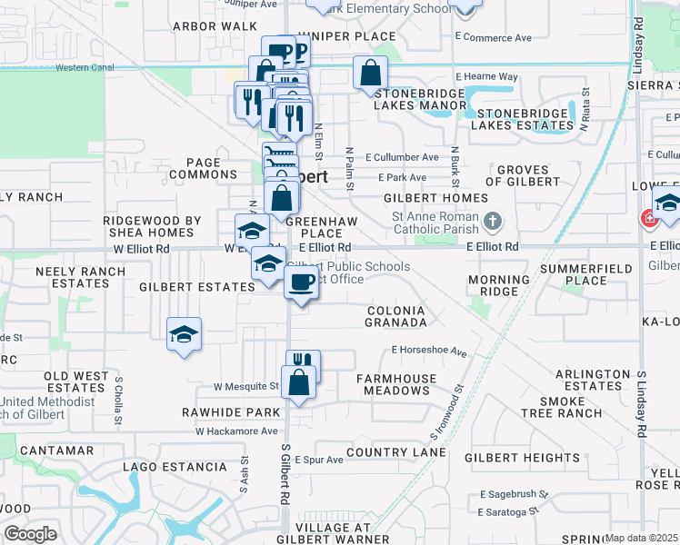 map of restaurants, bars, coffee shops, grocery stores, and more near 20 South Buena Vista Avenue in Gilbert