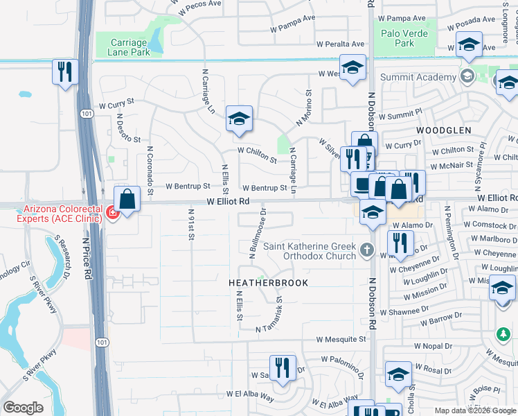 map of restaurants, bars, coffee shops, grocery stores, and more near 2200 West Elliot Road in Chandler