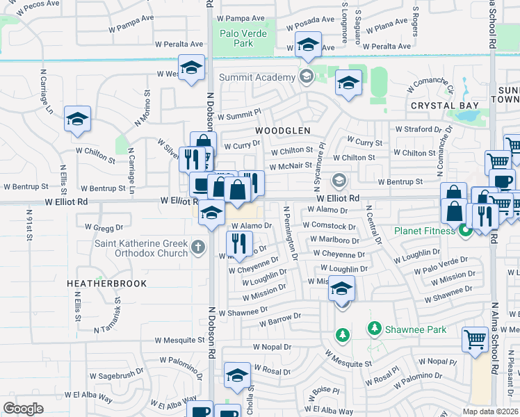 map of restaurants, bars, coffee shops, grocery stores, and more near 1736 West Alamo Court in Chandler