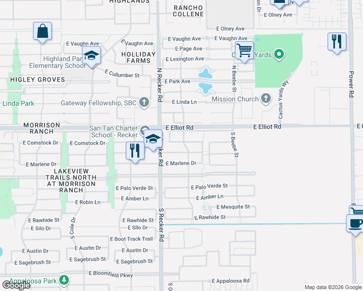 map of restaurants, bars, coffee shops, grocery stores, and more near 4110 East Comstock Drive in Gilbert