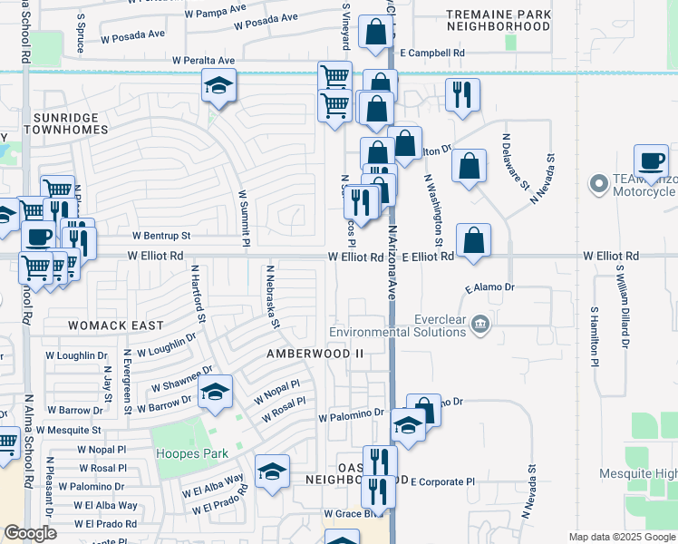 map of restaurants, bars, coffee shops, grocery stores, and more near 2986 North Oregon Street in Chandler