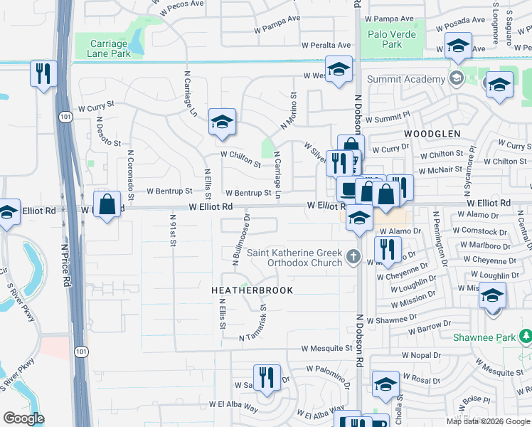 map of restaurants, bars, coffee shops, grocery stores, and more near in Chandler