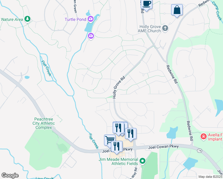 map of restaurants, bars, coffee shops, grocery stores, and more near 607 Ambrose Lane in Peachtree City