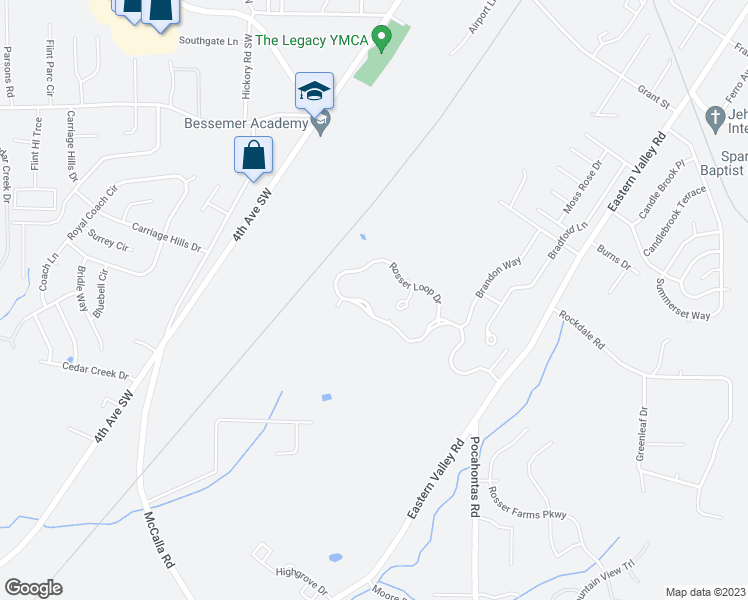 map of restaurants, bars, coffee shops, grocery stores, and more near 4649 Rosser Loop Drive in Bessemer