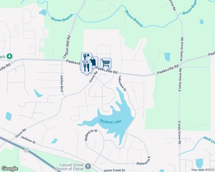 map of restaurants, bars, coffee shops, grocery stores, and more near 228 Roberts Trail in Locust Grove