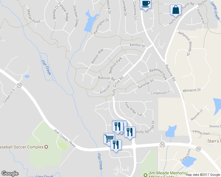 map of restaurants, bars, coffee shops, grocery stores, and more near 607 Ambrose Lane in Peachtree City