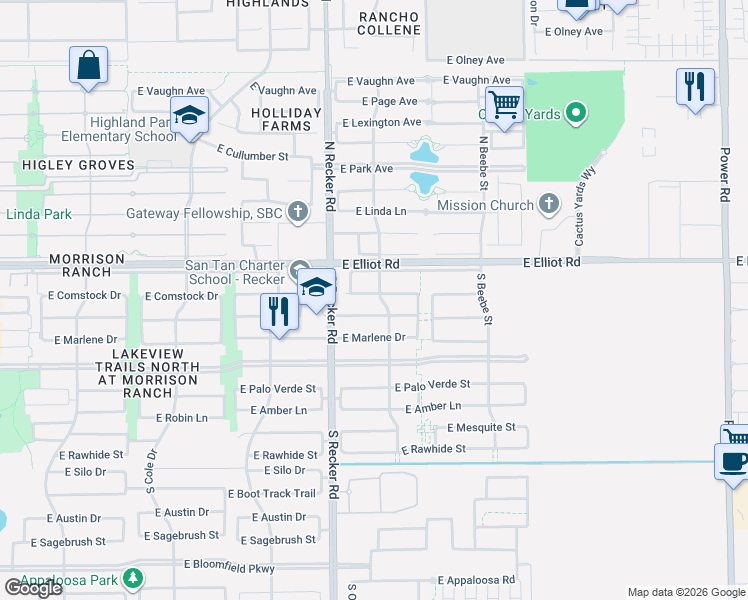 map of restaurants, bars, coffee shops, grocery stores, and more near 4110 East Comstock Drive in Gilbert