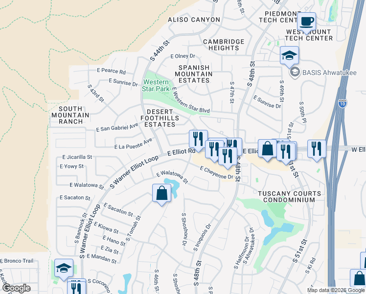 map of restaurants, bars, coffee shops, grocery stores, and more near 4510 East La Puente Avenue in Phoenix
