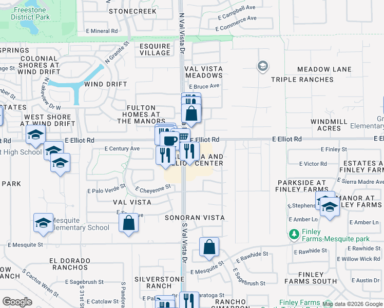 map of restaurants, bars, coffee shops, grocery stores, and more near 1675 East Elliot Road in Gilbert