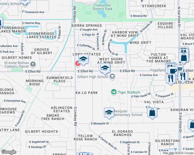 map of restaurants, bars, coffee shops, grocery stores, and more near 941 East Elliot Road in Gilbert