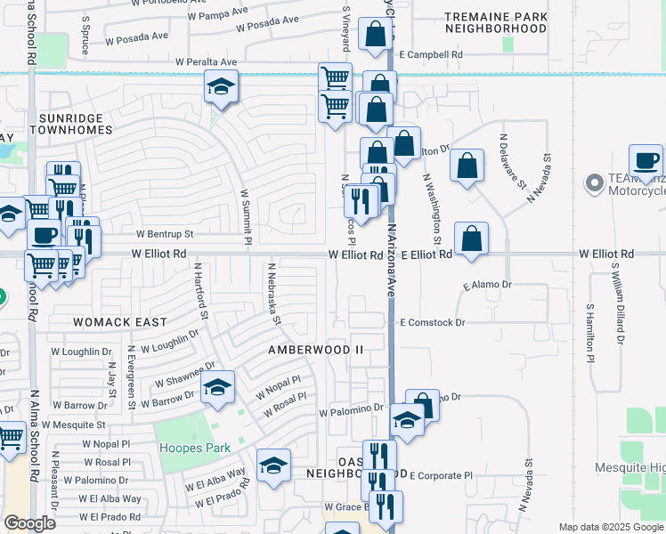 map of restaurants, bars, coffee shops, grocery stores, and more near 2986 North Oregon Street in Chandler
