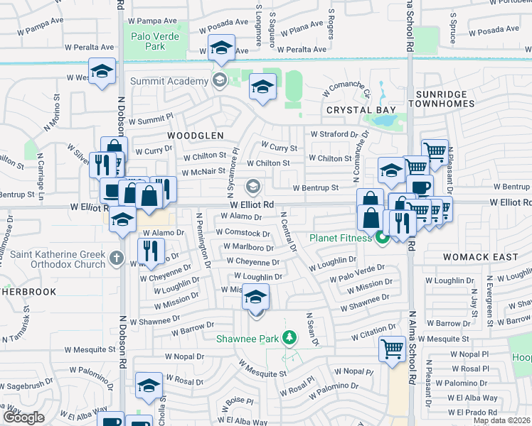 map of restaurants, bars, coffee shops, grocery stores, and more near 1512 West Alamo Drive in Chandler
