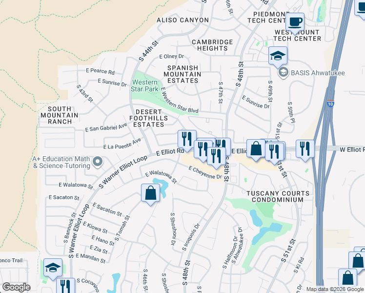 map of restaurants, bars, coffee shops, grocery stores, and more near 10630 South 46th Street in Phoenix