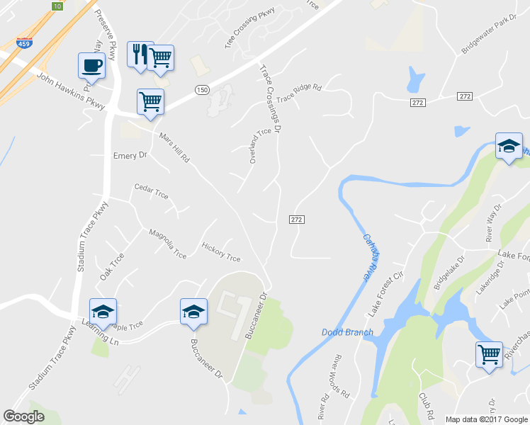 map of restaurants, bars, coffee shops, grocery stores, and more near 5007 Trace Crossings Lane in Birmingham
