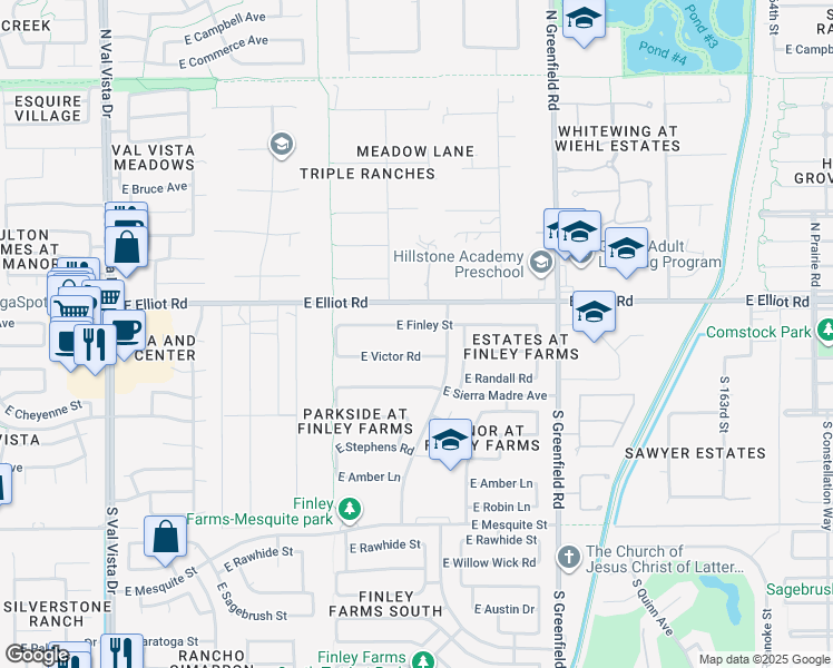map of restaurants, bars, coffee shops, grocery stores, and more near 2147 East Finley Street in Gilbert