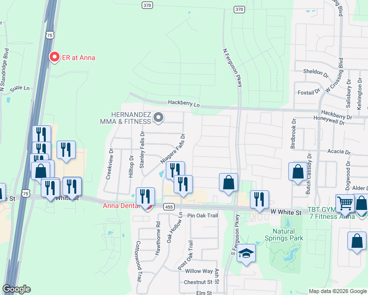 map of restaurants, bars, coffee shops, grocery stores, and more near 242 Niagara Falls Drive in Anna