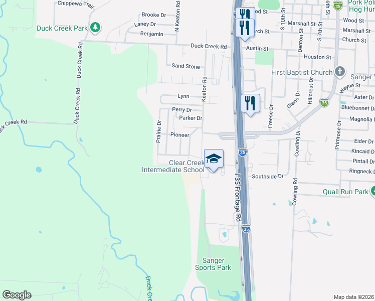 map of restaurants, bars, coffee shops, grocery stores, and more near 114 Preston Drive in Sanger