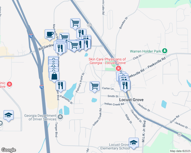 map of restaurants, bars, coffee shops, grocery stores, and more near 161 Colony Park Lane in Locust Grove