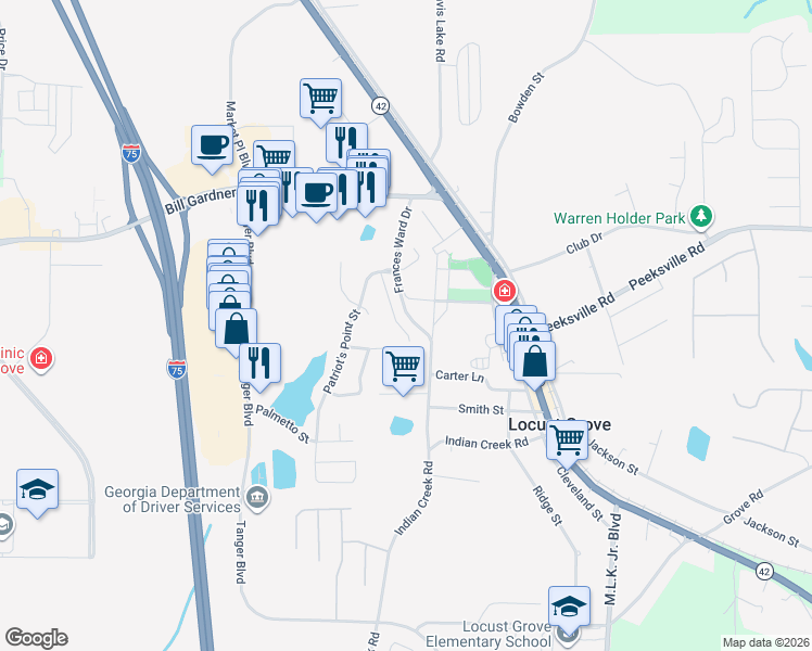 map of restaurants, bars, coffee shops, grocery stores, and more near 149 Colony Park Lane in Locust Grove