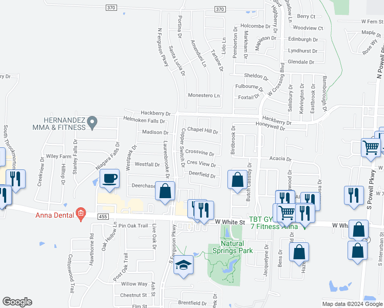 map of restaurants, bars, coffee shops, grocery stores, and more near 1401 Crossvine Drive in Anna