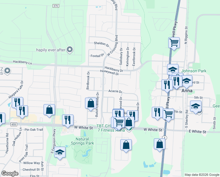 map of restaurants, bars, coffee shops, grocery stores, and more near 220 Pagoda Drive in Anna