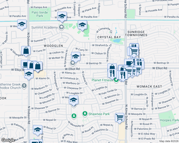 map of restaurants, bars, coffee shops, grocery stores, and more near 1300 W Alamo Dr in Chandler