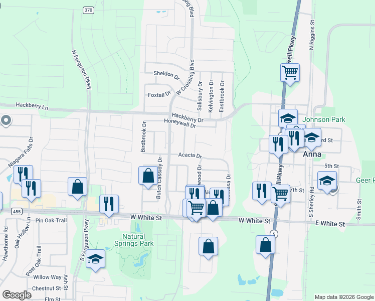 map of restaurants, bars, coffee shops, grocery stores, and more near 221 Pagoda Drive in Anna