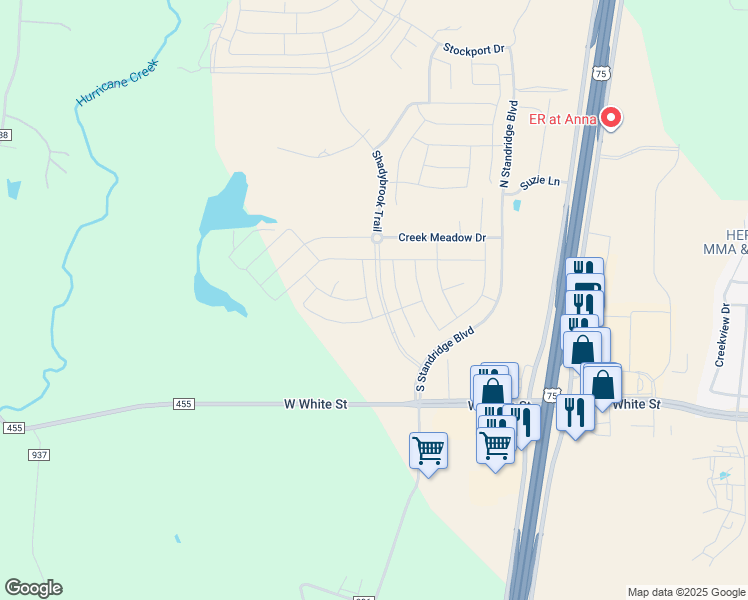map of restaurants, bars, coffee shops, grocery stores, and more near 9800-10398 County Road 368 in Anna
